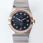 Perfect Replica Swiss Grade Omega Constellation Rose Gold Diamond Bezel Dark Blue Dial Watch